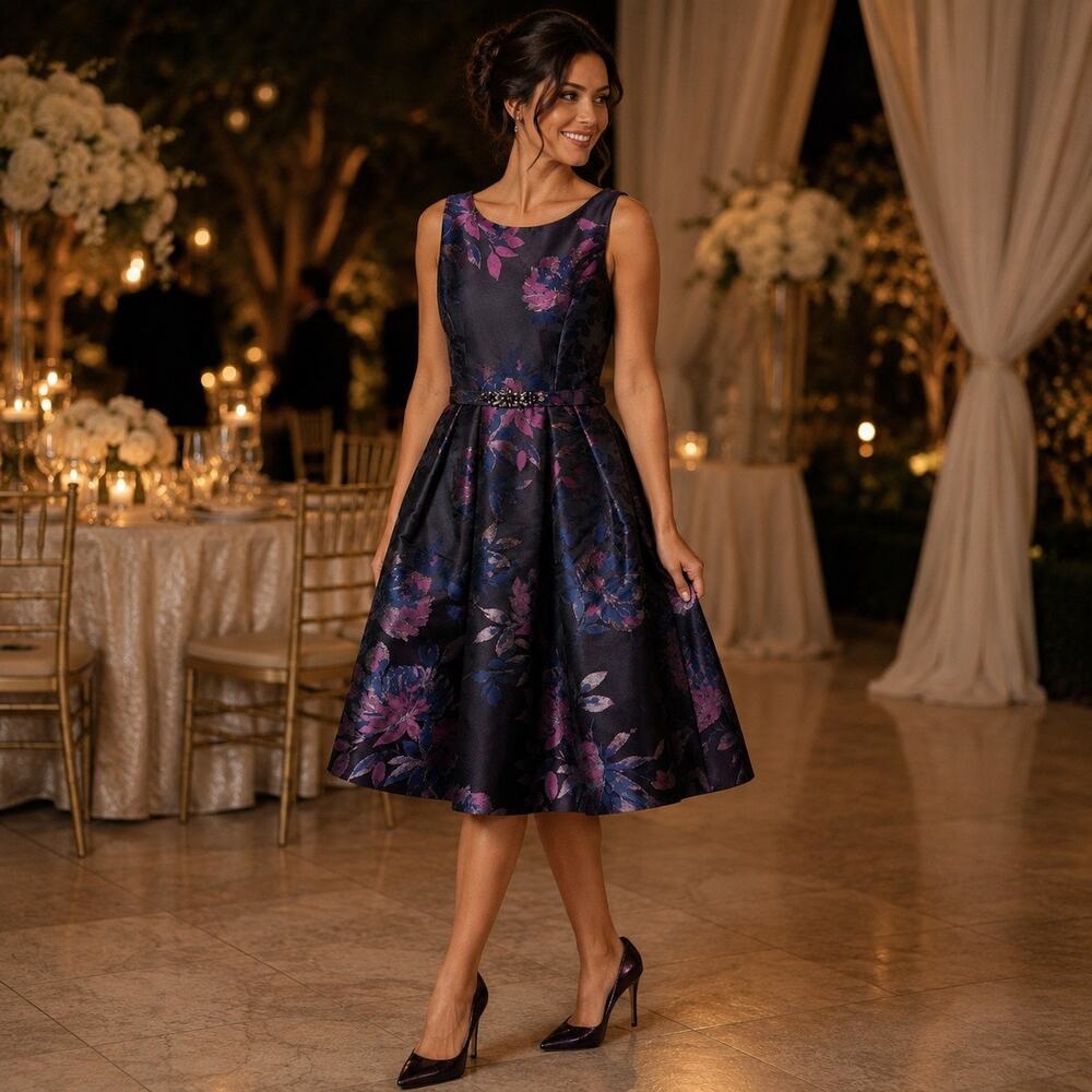 Eliza J Metallic Floral Jacquard Fit and Flare Cocktail Midi Dress Belted Size 8